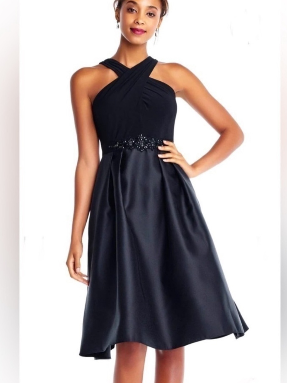 ADRIANNA PAPELL Criss Cross Halter Jersey Mikado Dress Party Cocktail size 4